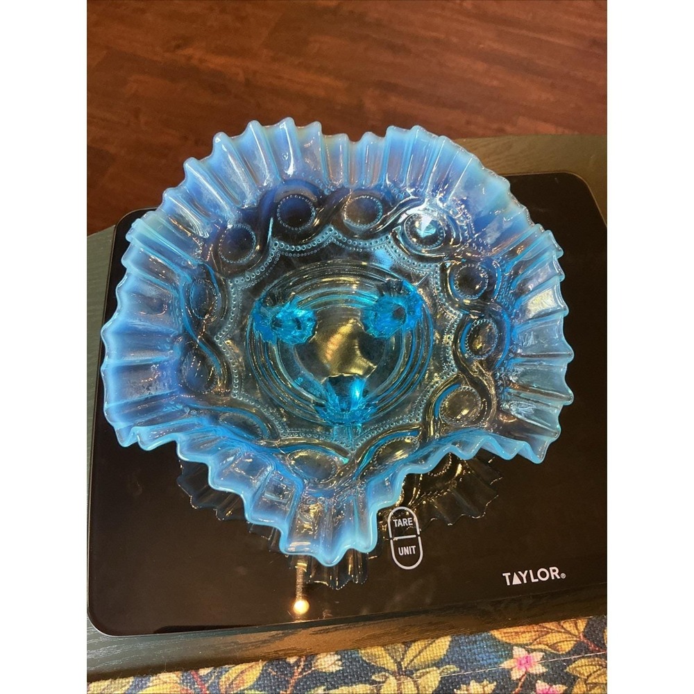 Antique 8" Northwood Glass Opalescent Blue Beaded Cable 3 Footed Ruffled Bowl